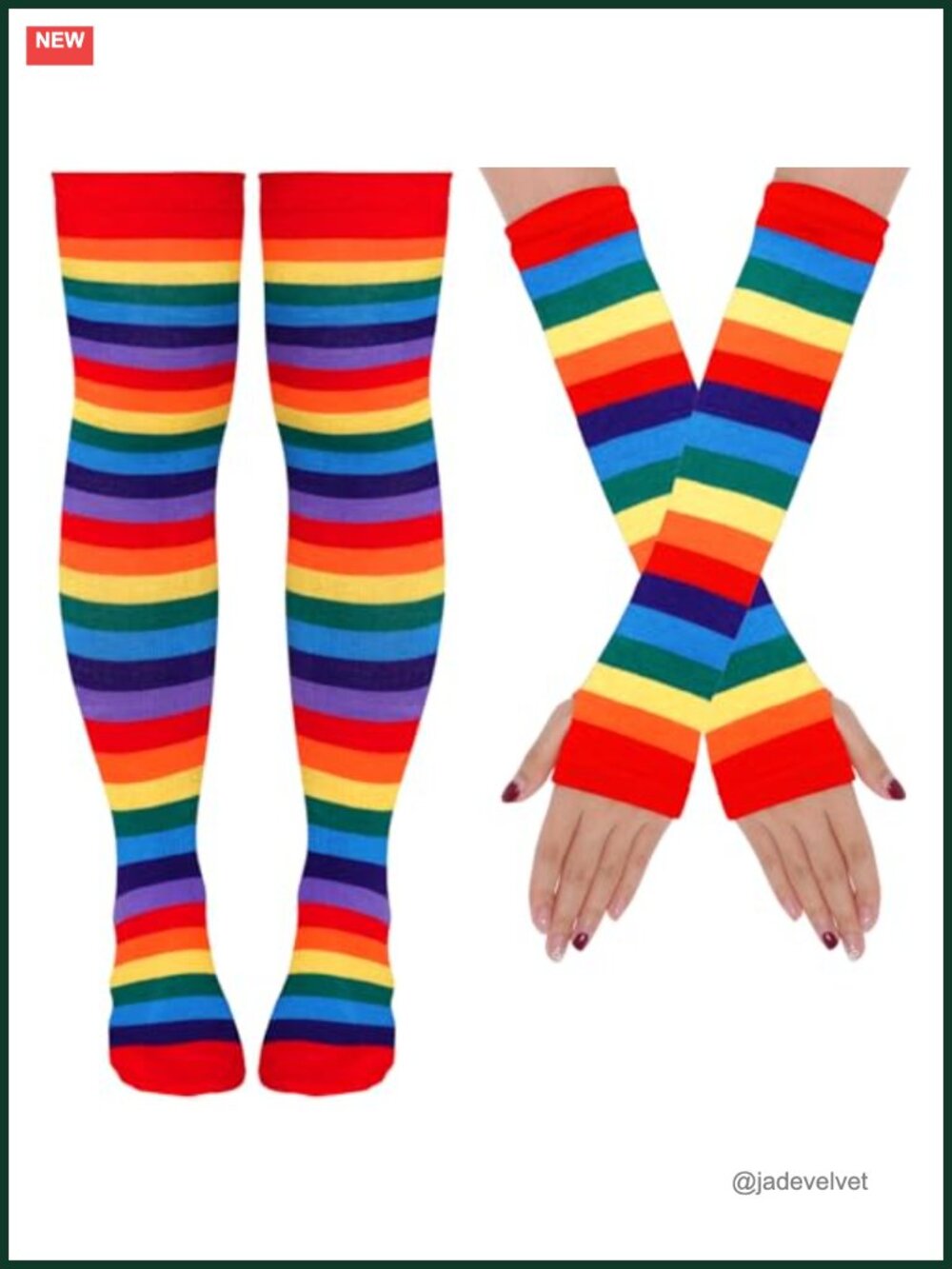 Striped Thigh High Socks Arm Warmers Fingerless Gloves Set Acrylic Spandex Nylon